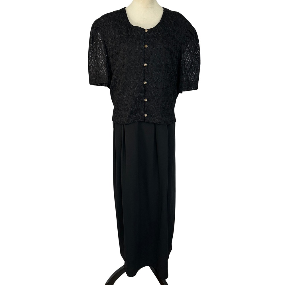 Vintage Kari's Korner Black Maxi Dress Lace Short‎ Sleeve Women Plus 30 Formal